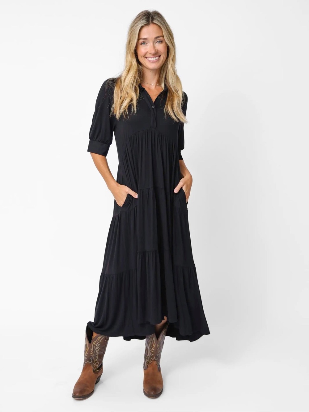 NATURAL LIFE black cotton collared midi dress